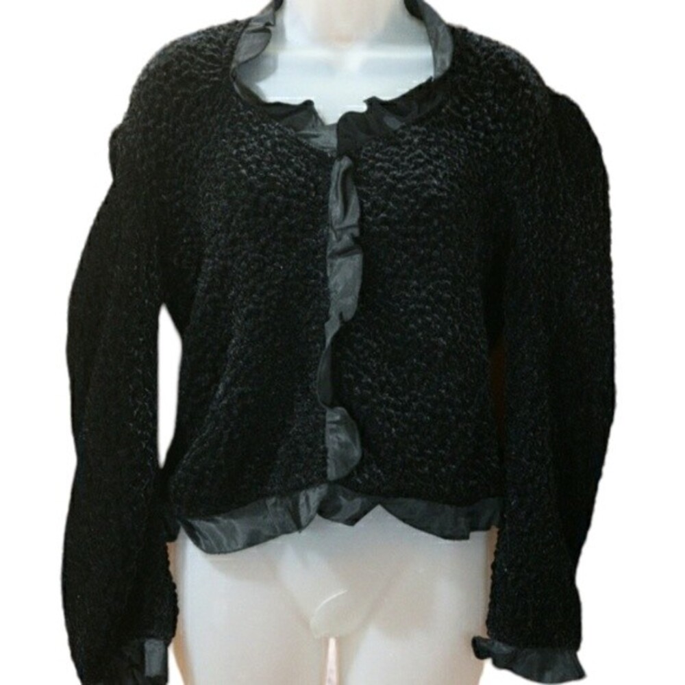 Cache Vintage Black Ruffle Popcorn Cardigan Sweater 6
